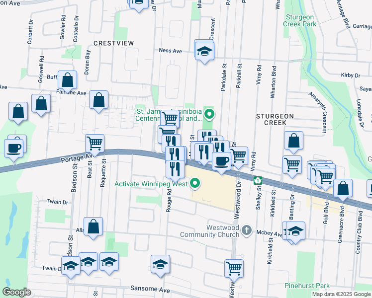 map of restaurants, bars, coffee shops, grocery stores, and more near 3343-3351 Trans-Canada Highway in Winnipeg