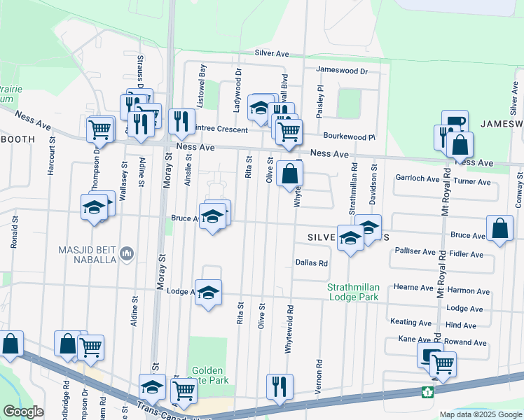 map of restaurants, bars, coffee shops, grocery stores, and more near 408 Olive Street in Winnipeg