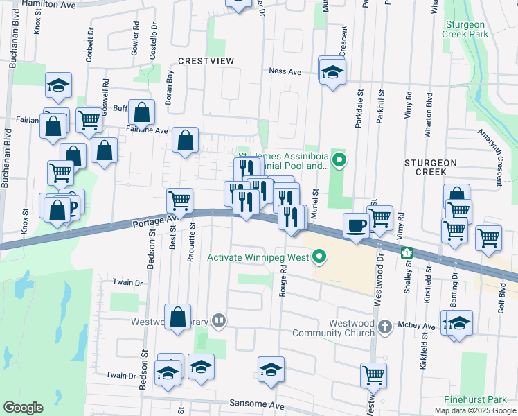 map of restaurants, bars, coffee shops, grocery stores, and more near 596 Cavalier Drive in Winnipeg