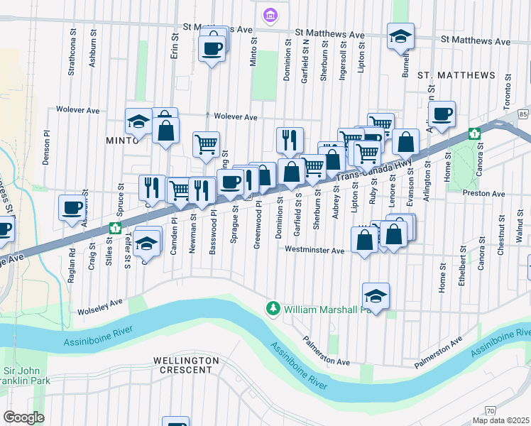 map of restaurants, bars, coffee shops, grocery stores, and more near 533 Greenwood Place in Winnipeg