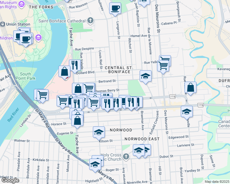 map of restaurants, bars, coffee shops, grocery stores, and more near 232 Thomas Berry Street in Winnipeg