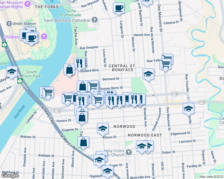 map of restaurants, bars, coffee shops, grocery stores, and more near 214 Thomas Berry Street in Winnipeg