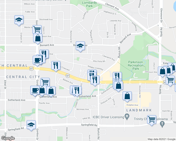 map of restaurants, bars, coffee shops, grocery stores, and more near 1410 Kelglen Crescent in Kelowna