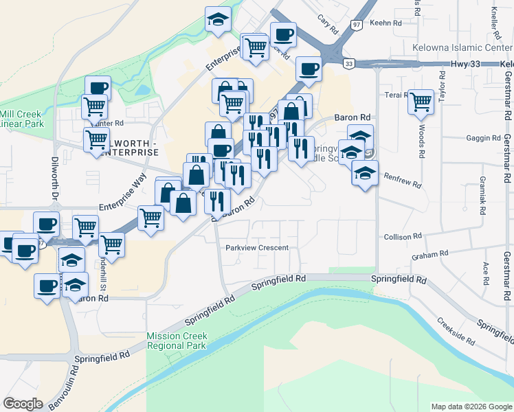 map of restaurants, bars, coffee shops, grocery stores, and more near in Kelowna
