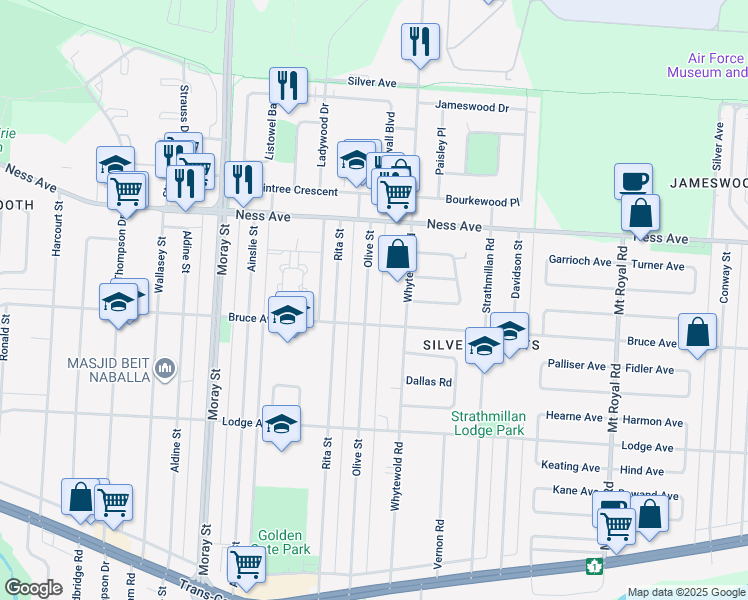 map of restaurants, bars, coffee shops, grocery stores, and more near 411 Olive Street in Winnipeg