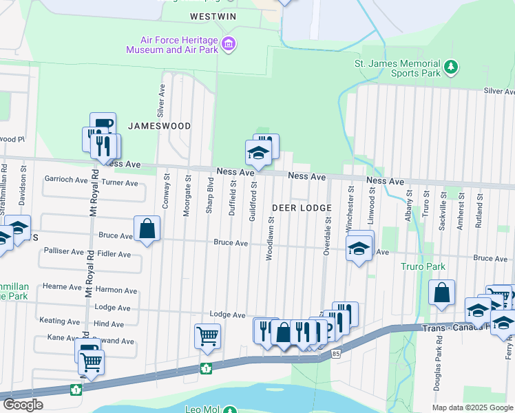 map of restaurants, bars, coffee shops, grocery stores, and more near 357 Guildford Street in Winnipeg