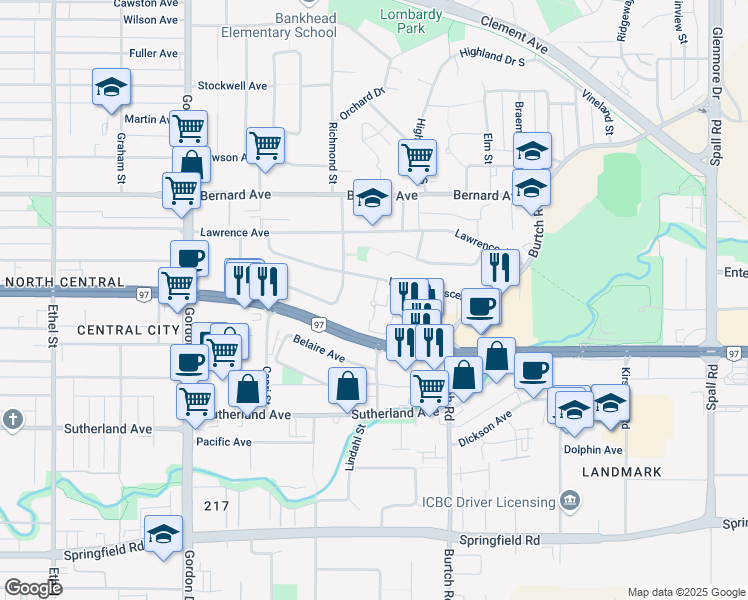map of restaurants, bars, coffee shops, grocery stores, and more near Thayer Court in Kelowna