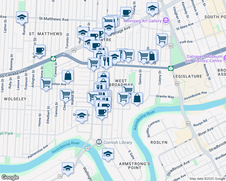 map of restaurants, bars, coffee shops, grocery stores, and more near 161 Furby Street in Winnipeg