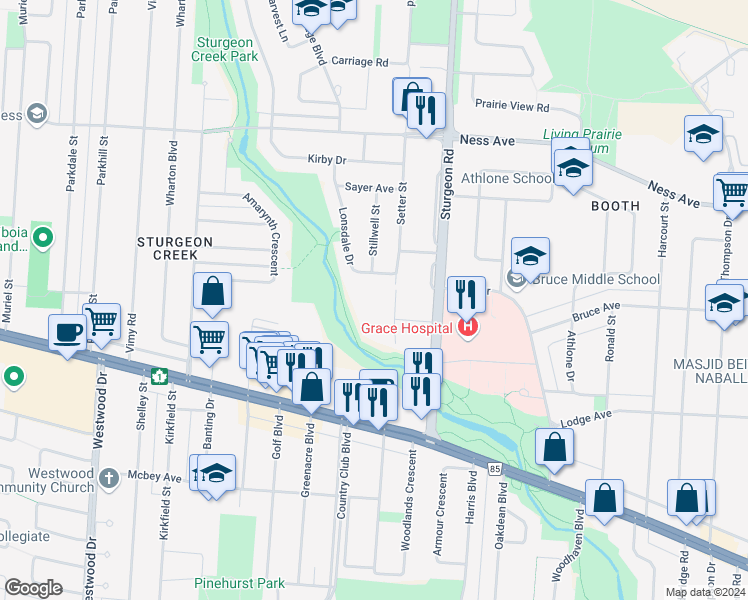 map of restaurants, bars, coffee shops, grocery stores, and more near 6 Lonsdale Drive in Winnipeg
