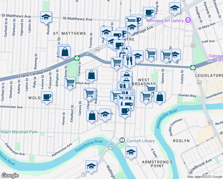 map of restaurants, bars, coffee shops, grocery stores, and more near 14 Alloway Avenue in Winnipeg