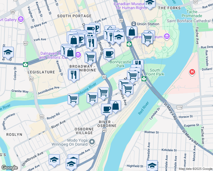 map of restaurants, bars, coffee shops, grocery stores, and more near 179 Mayfair Avenue in Winnipeg