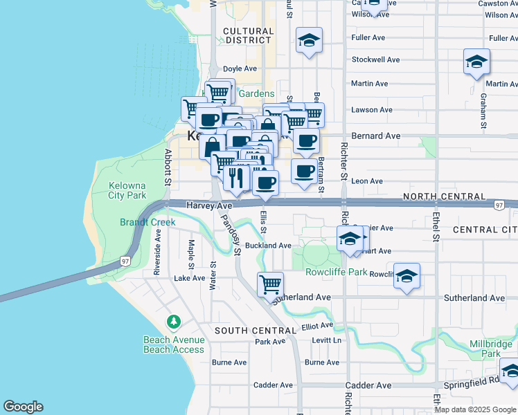 map of restaurants, bars, coffee shops, grocery stores, and more near 1710 Ellis Street in Kelowna