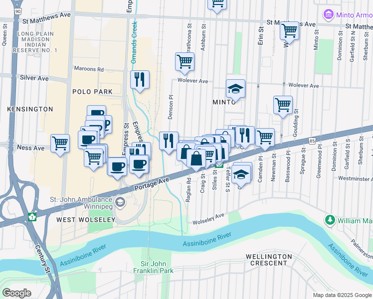 map of restaurants, bars, coffee shops, grocery stores, and more near 603 Strathcona Street in Winnipeg