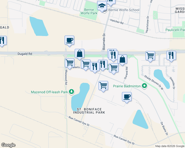 map of restaurants, bars, coffee shops, grocery stores, and more near 84 De Baets Street in Winnipeg