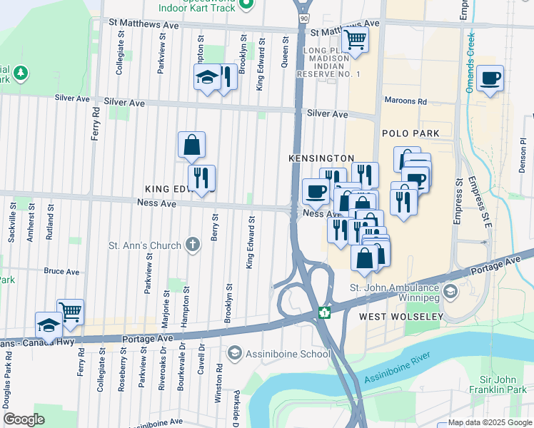 map of restaurants, bars, coffee shops, grocery stores, and more near 320 Queen Street in Winnipeg