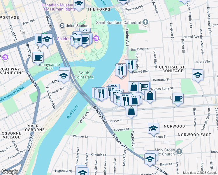 map of restaurants, bars, coffee shops, grocery stores, and more near 369 Tache Avenue in Winnipeg
