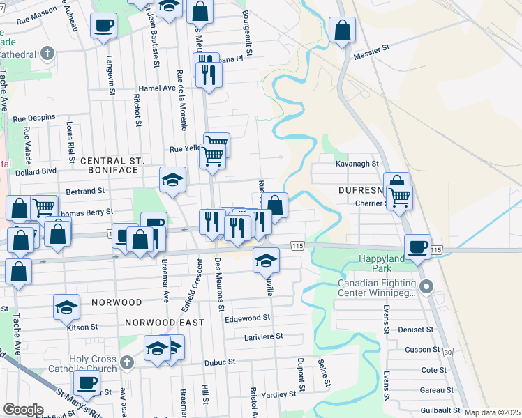 map of restaurants, bars, coffee shops, grocery stores, and more near 349 Youville Street in Winnipeg