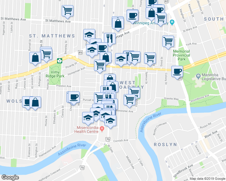 map of restaurants, bars, coffee shops, grocery stores, and more near 168 Sherbrook Street in Winnipeg