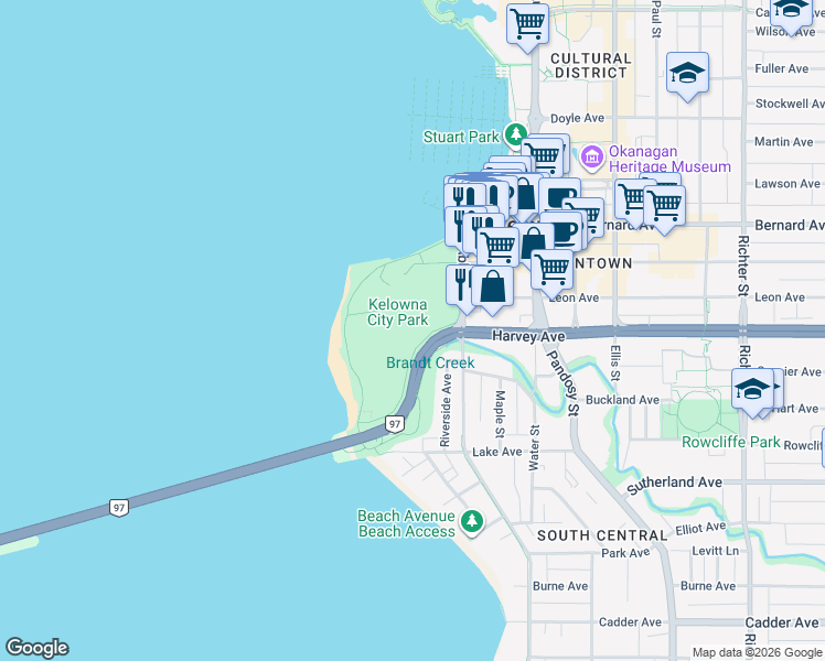 map of restaurants, bars, coffee shops, grocery stores, and more near 1600 Abbott Street in Kelowna