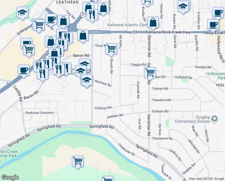 map of restaurants, bars, coffee shops, grocery stores, and more near 1415 Renfrew Road in Kelowna