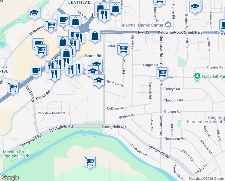 map of restaurants, bars, coffee shops, grocery stores, and more near 1485 Renfrew Road in Kelowna
