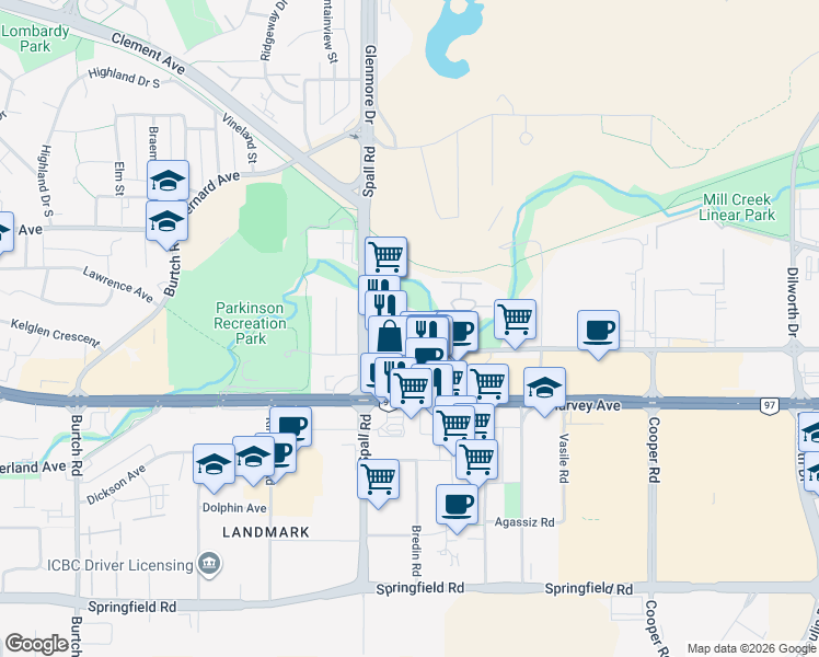 map of restaurants, bars, coffee shops, grocery stores, and more near 1925 Enterprise Way in Kelowna