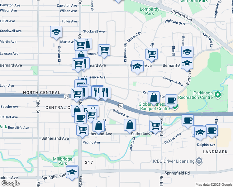 map of restaurants, bars, coffee shops, grocery stores, and more near 1260 Centennial Crescent in Kelowna