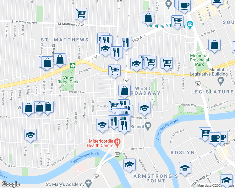 map of restaurants, bars, coffee shops, grocery stores, and more near 704 Sara Avenue in Winnipeg