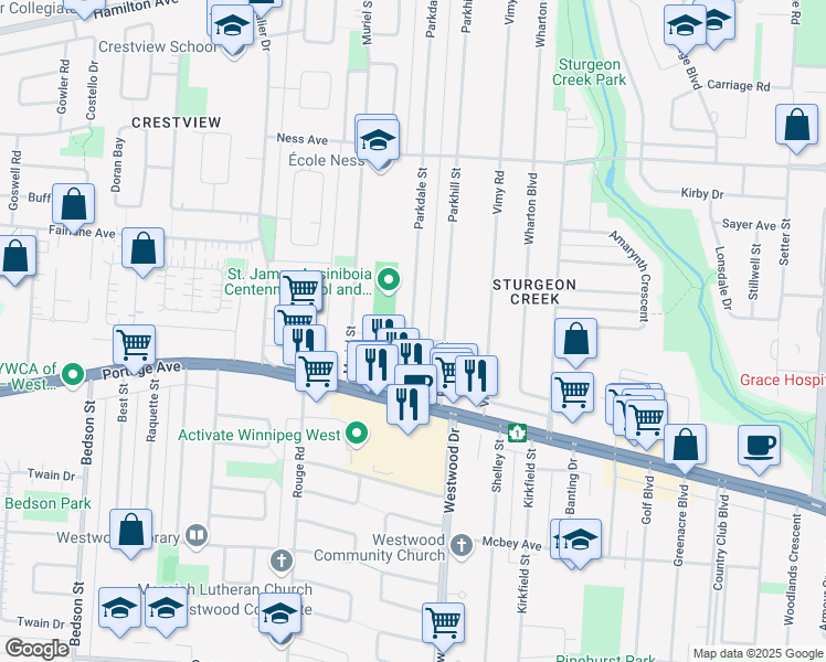 map of restaurants, bars, coffee shops, grocery stores, and more near 649 Parkdale Street in Winnipeg