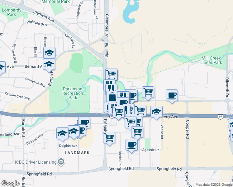 map of restaurants, bars, coffee shops, grocery stores, and more near 1920 Enterprise Way in Kelowna