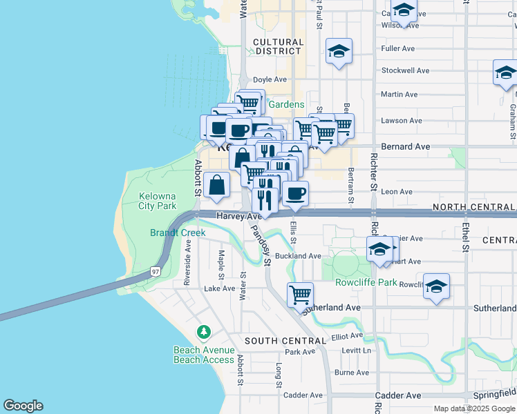 map of restaurants, bars, coffee shops, grocery stores, and more near 380 Harvey Avenue in Kelowna
