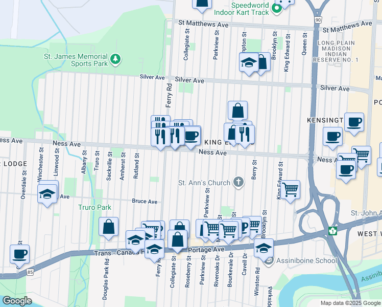 map of restaurants, bars, coffee shops, grocery stores, and more near 1850 Ness Avenue in Winnipeg