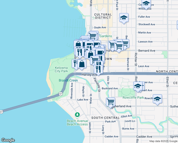 map of restaurants, bars, coffee shops, grocery stores, and more near 1680 Water Street in Kelowna