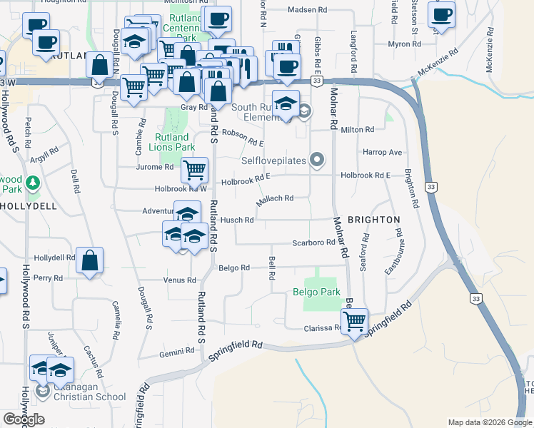 map of restaurants, bars, coffee shops, grocery stores, and more near 270 Husch Road in Kelowna