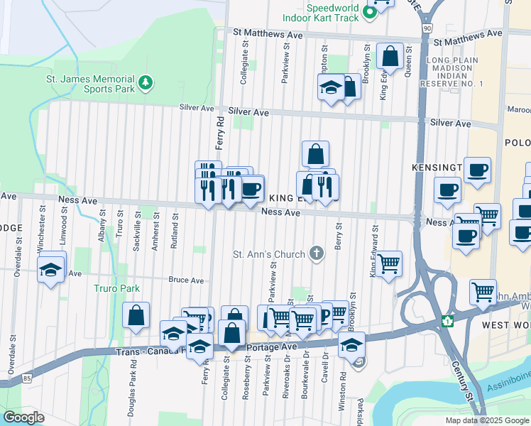 map of restaurants, bars, coffee shops, grocery stores, and more near 1840 Ness Avenue in Winnipeg