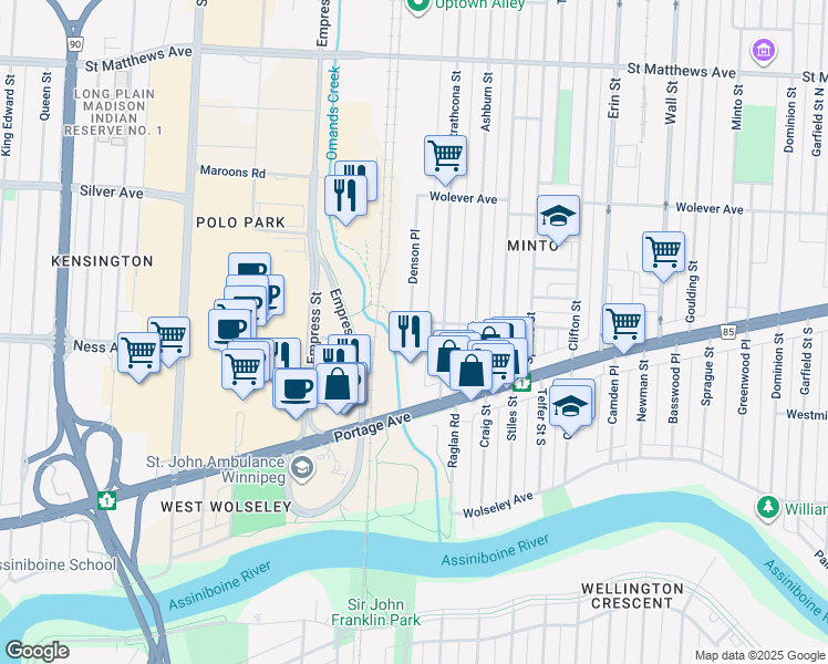 map of restaurants, bars, coffee shops, grocery stores, and more near 616 Strathcona Street in Winnipeg