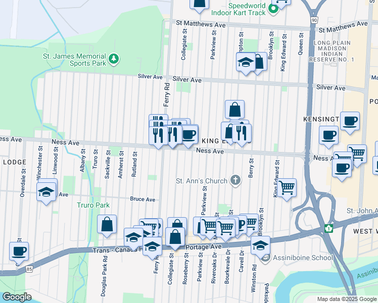 map of restaurants, bars, coffee shops, grocery stores, and more near 1850 Ness Avenue in Winnipeg
