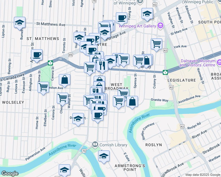 map of restaurants, bars, coffee shops, grocery stores, and more near 161 Furby Street in Winnipeg