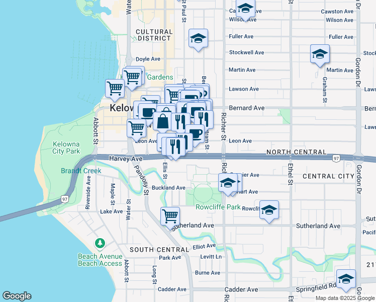 map of restaurants, bars, coffee shops, grocery stores, and more near 554 Harvey Avenue in Kelowna