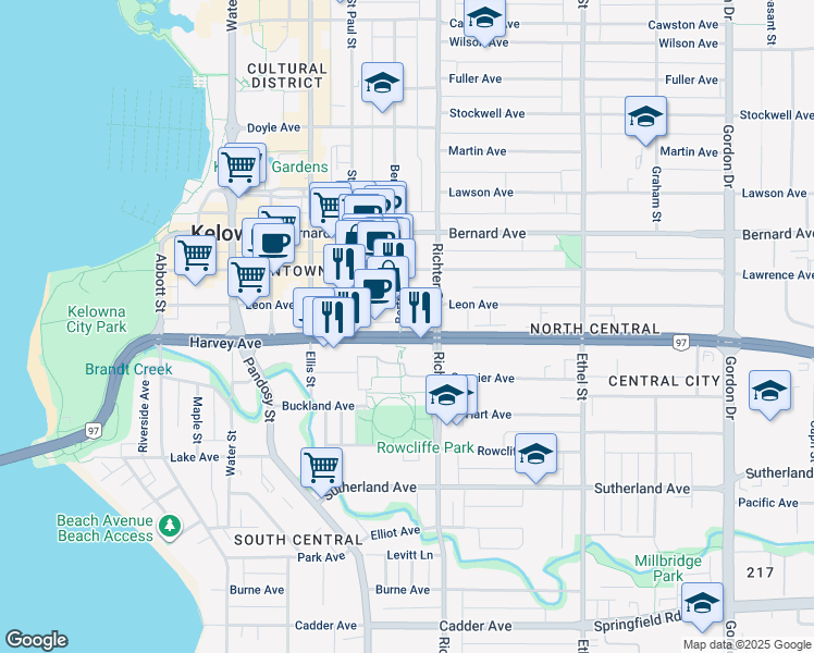 map of restaurants, bars, coffee shops, grocery stores, and more near 634 Harvey Avenue in Kelowna
