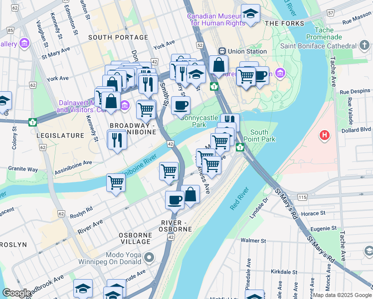 map of restaurants, bars, coffee shops, grocery stores, and more near 179 Mayfair Avenue in Winnipeg