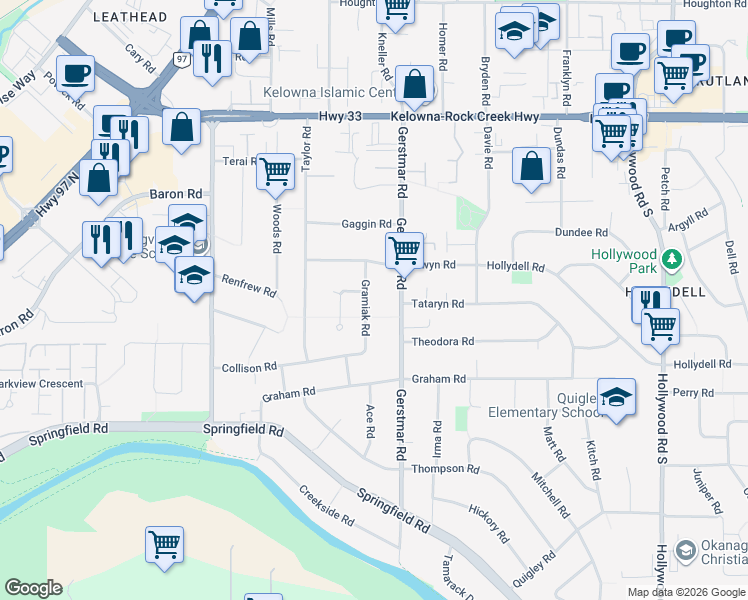 map of restaurants, bars, coffee shops, grocery stores, and more near 467 Gramiak Road in Kelowna