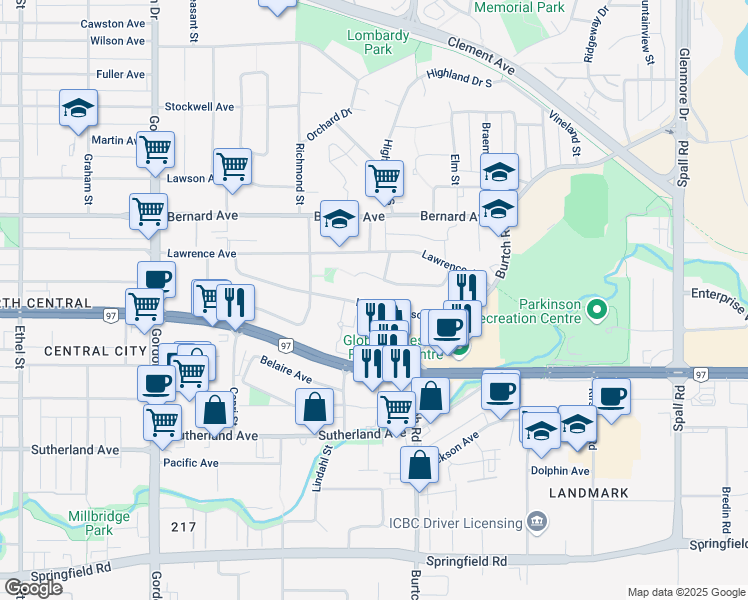 map of restaurants, bars, coffee shops, grocery stores, and more near 1410 Kelglen Crescent in Kelowna