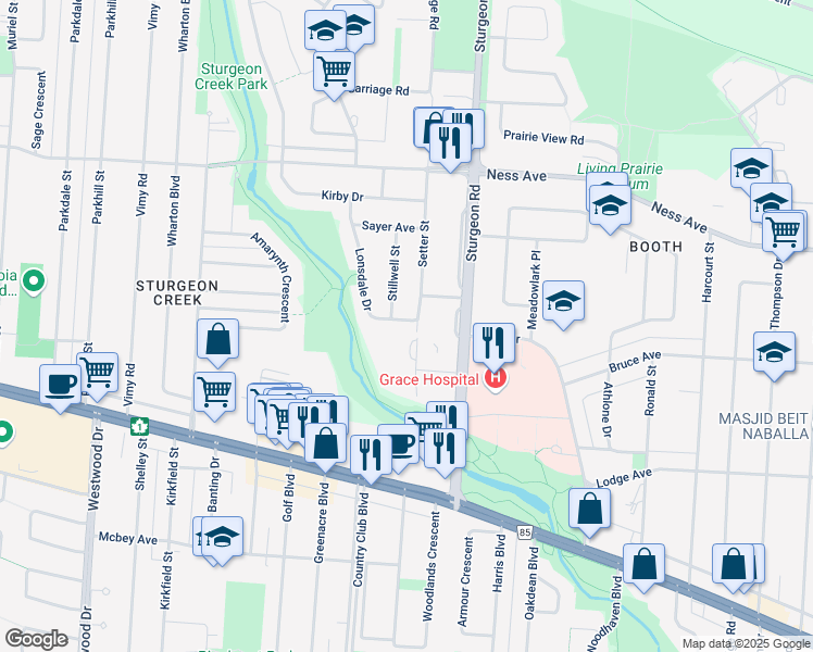 map of restaurants, bars, coffee shops, grocery stores, and more near 6 Lonsdale Drive in Winnipeg
