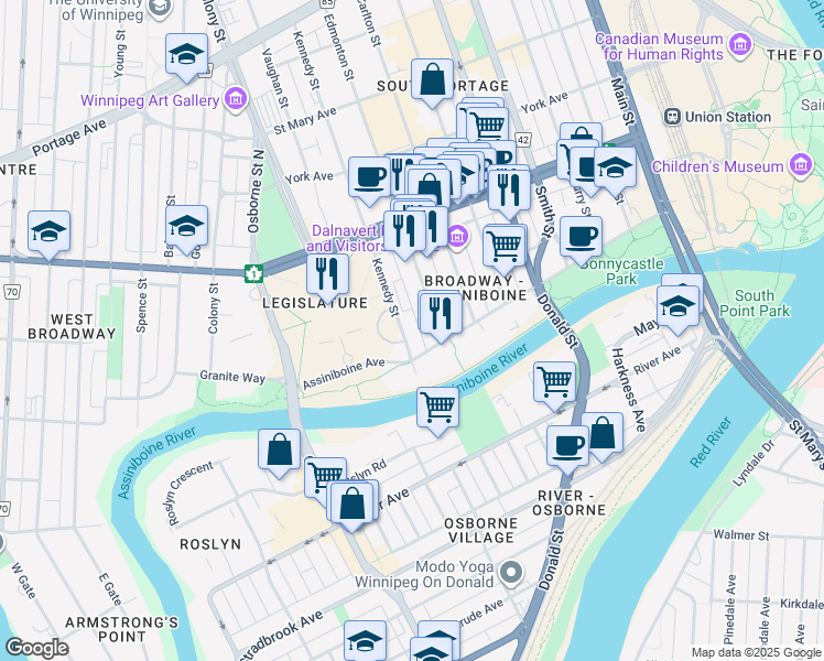 map of restaurants, bars, coffee shops, grocery stores, and more near 16 Edmonton Street in Winnipeg