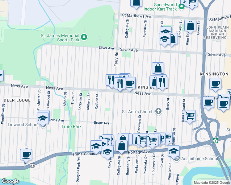 map of restaurants, bars, coffee shops, grocery stores, and more near 337 Ferry Rd in Winnipeg