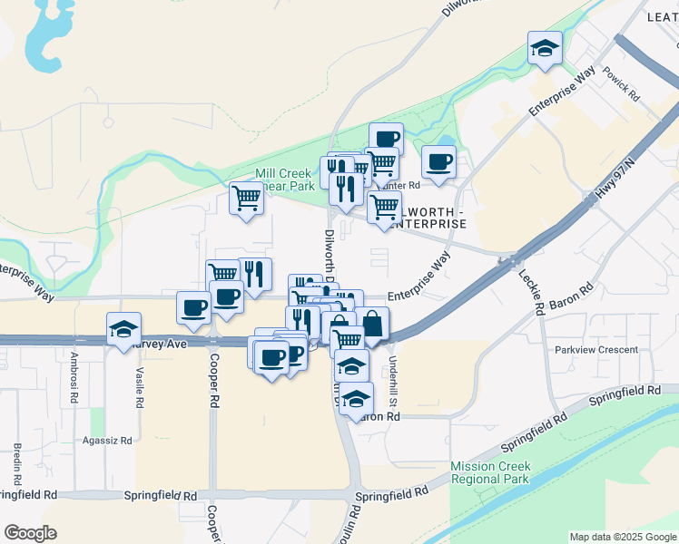 map of restaurants, bars, coffee shops, grocery stores, and more near 1655 Dilworth Drive in Kelowna