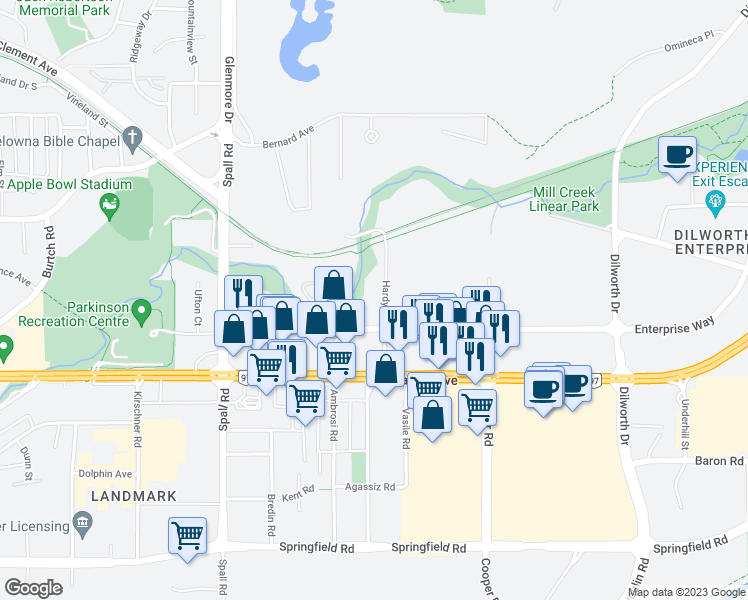 map of restaurants, bars, coffee shops, grocery stores, and more near 1500 Hardy Street in Kelowna
