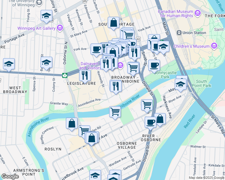 map of restaurants, bars, coffee shops, grocery stores, and more near 16 Edmonton Street in Winnipeg