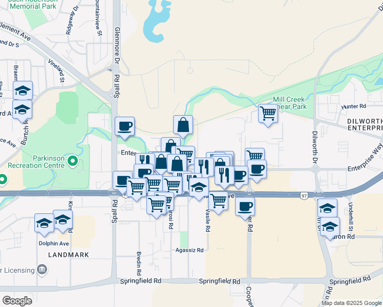 map of restaurants, bars, coffee shops, grocery stores, and more near 1500 Hardy Street in Kelowna